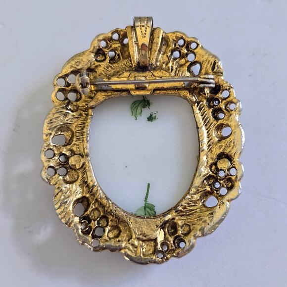 Vintage Rose Brooch Pendant Antiqued Gold Tone Filigree Cottagecore Victorian - Picture 6 of 9